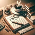 Miniatura para buscadores con un cuaderno abierto, un bolígrafo y una taza de café en un escritorio, representando la inspiración y el proceso de escritura.