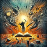 Ilustración simbólica de un escritor rompiendo cadenas hacia una bombilla brillante, representando la liberación de la creatividad superando el bloqueo del escritor.