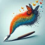 Pluma estilográfica liberando un flujo de palabras que se convierten en símbolos creativos, representando la superación del bloqueo del escritor.