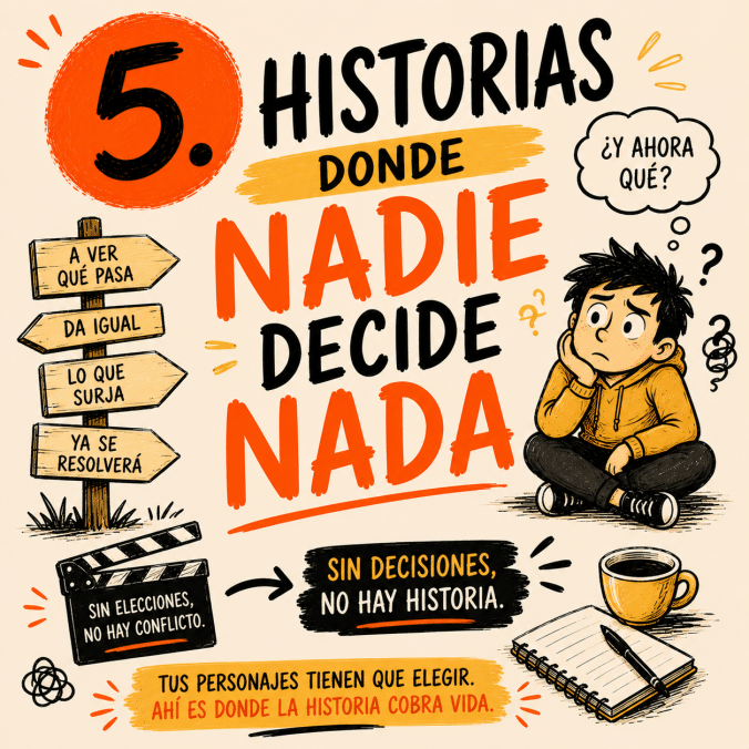 Ilustración sobre errores de trama en escritura creativa y tensión narrativa para escritores.