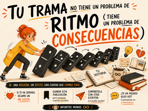 Ilustración sobre cómo las consecuencias afectan al ritmo de una trama. Infinity empuja una fila de fichas de dominó que representan la cadena de causas y efectos en una historia.